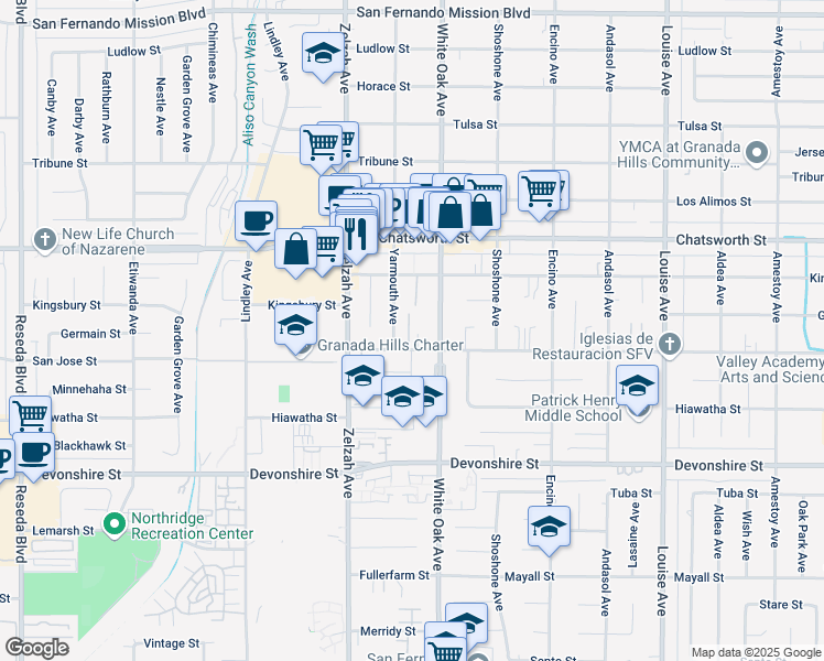 map of restaurants, bars, coffee shops, grocery stores, and more near 10512 Yarmouth Avenue in Los Angeles
