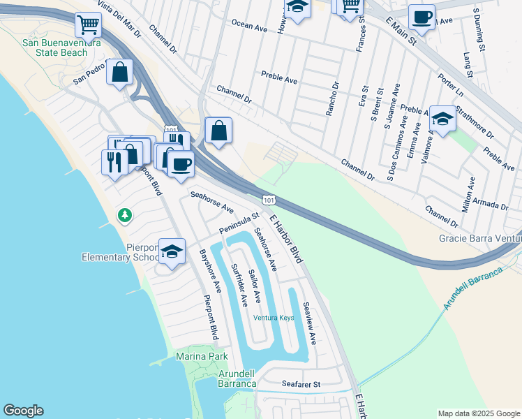 map of restaurants, bars, coffee shops, grocery stores, and more near 912 Peninsula Street in Ventura
