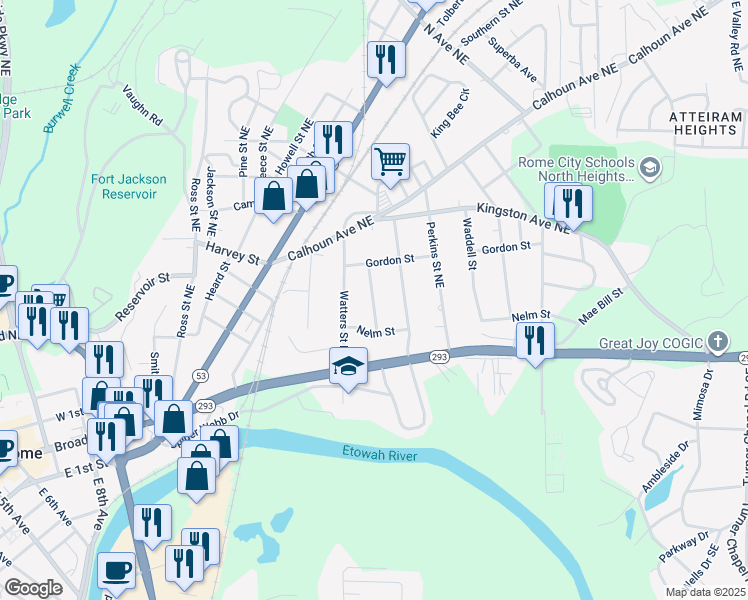 map of restaurants, bars, coffee shops, grocery stores, and more near 111 Wadsworth Street Northeast in Rome