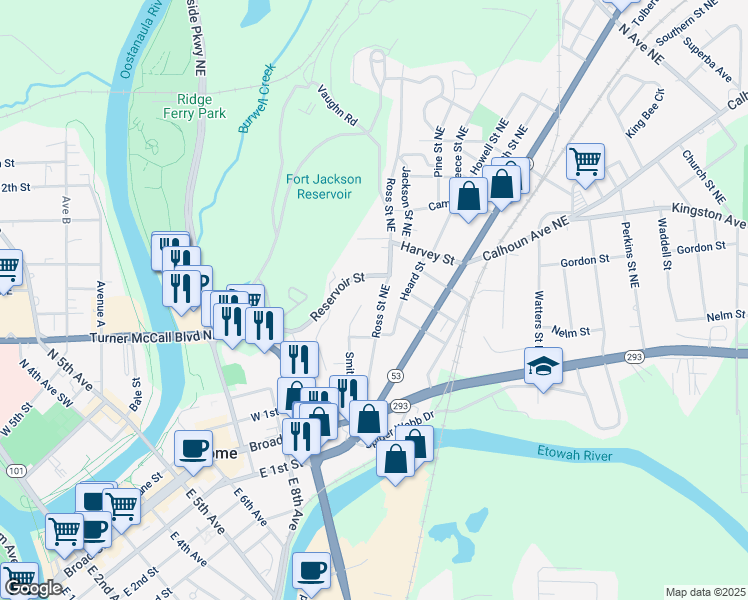 map of restaurants, bars, coffee shops, grocery stores, and more near 115 Ross Street Northeast in Rome