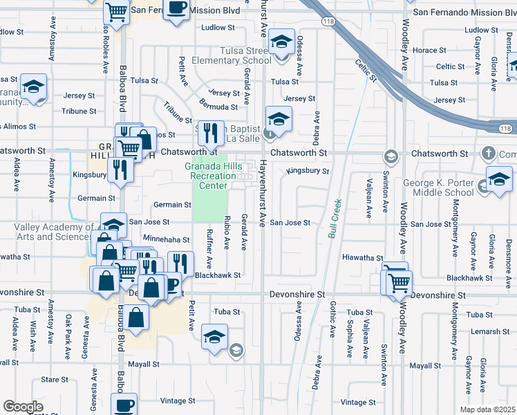 map of restaurants, bars, coffee shops, grocery stores, and more near 10523 Hayvenhurst Avenue in Los Angeles