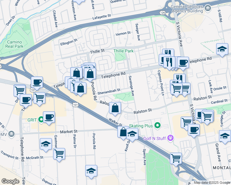 map of restaurants, bars, coffee shops, grocery stores, and more near 5186 Shenandoah Street in Ventura