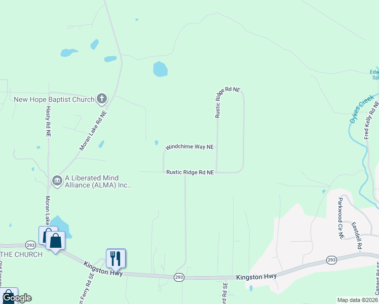 map of restaurants, bars, coffee shops, grocery stores, and more near 114 Windchime Way Northeast in Rome
