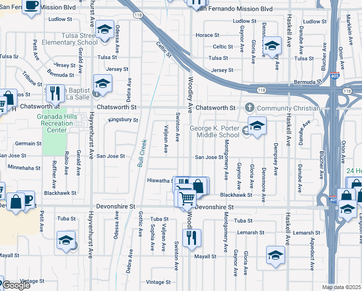 map of restaurants, bars, coffee shops, grocery stores, and more near 10526 Swinton Avenue in Los Angeles