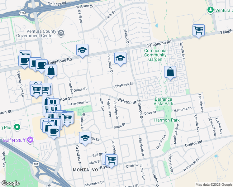 map of restaurants, bars, coffee shops, grocery stores, and more near 6577 Ralston Street in Ventura