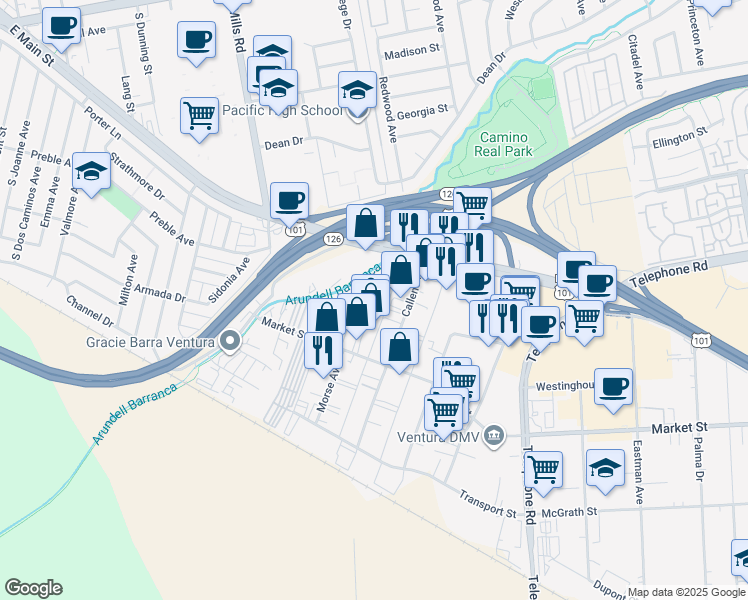 map of restaurants, bars, coffee shops, grocery stores, and more near 1301 Callens Road in Ventura