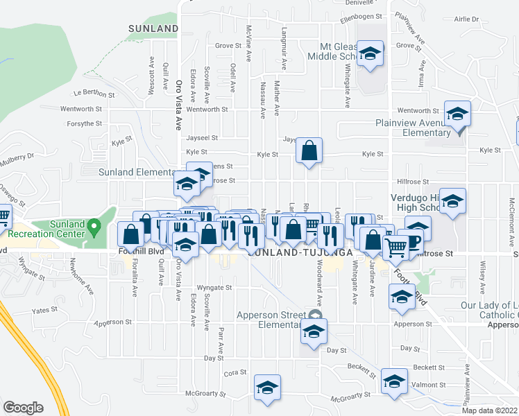 map of restaurants, bars, coffee shops, grocery stores, and more near 10611 Nassau Avenue in Los Angeles