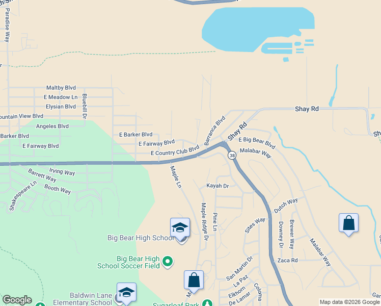 map of restaurants, bars, coffee shops, grocery stores, and more near 1112 East Country Club Boulevard in Big Bear
