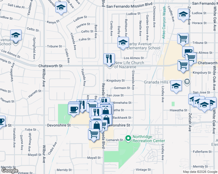 map of restaurants, bars, coffee shops, grocery stores, and more near 10520 Reseda Boulevard in Los Angeles