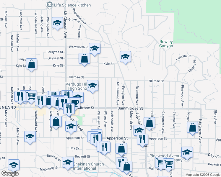 map of restaurants, bars, coffee shops, grocery stores, and more near 10621 Helendale Avenue in Los Angeles
