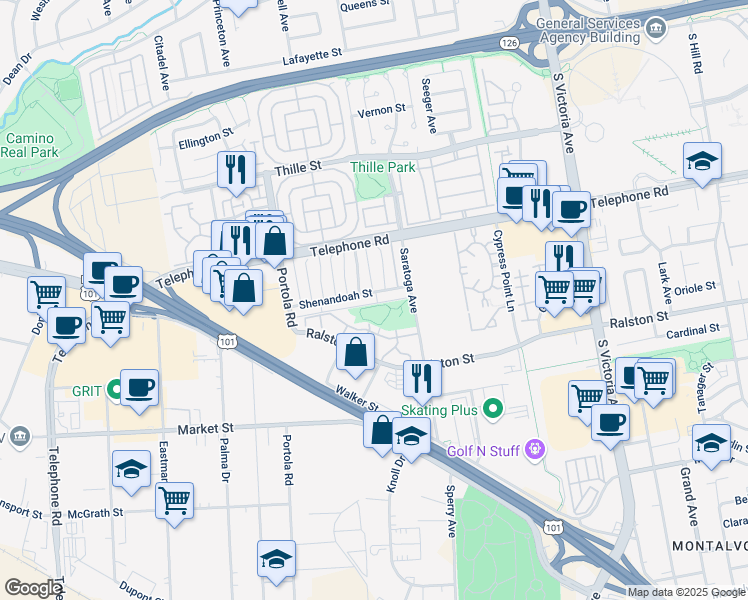 map of restaurants, bars, coffee shops, grocery stores, and more near 5186 Shenandoah Street in Ventura