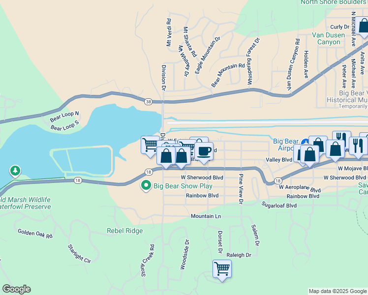 map of restaurants, bars, coffee shops, grocery stores, and more near 1101 West Country Club Boulevard in Big Bear