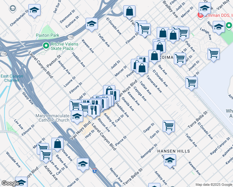 map of restaurants, bars, coffee shops, grocery stores, and more near 10525 Oneida Avenue in Los Angeles