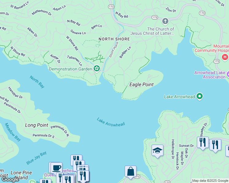 map of restaurants, bars, coffee shops, grocery stores, and more near North in Lake Arrowhead