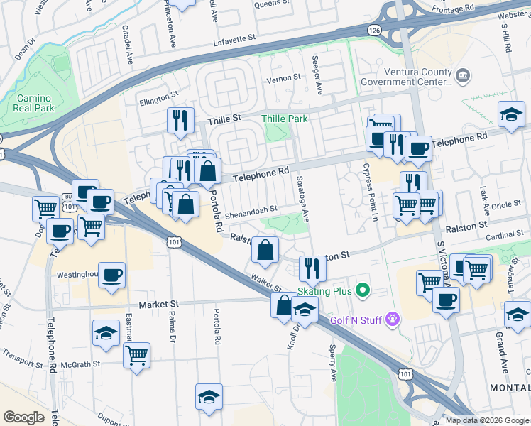 map of restaurants, bars, coffee shops, grocery stores, and more near 5186 Shenandoah Street in Ventura