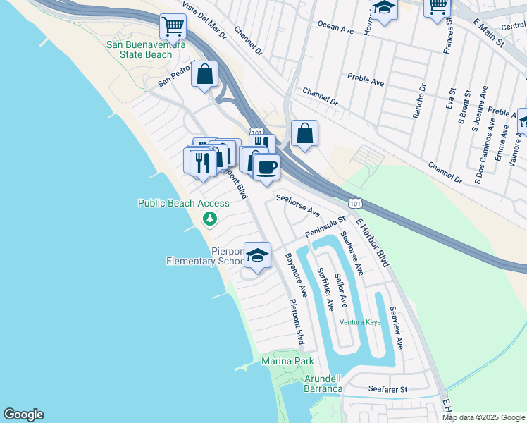 map of restaurants, bars, coffee shops, grocery stores, and more near 2489 Bayshore Avenue in Ventura