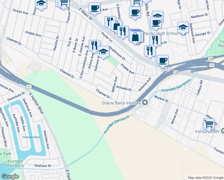 map of restaurants, bars, coffee shops, grocery stores, and more near 3175 Channel Drive in Ventura
