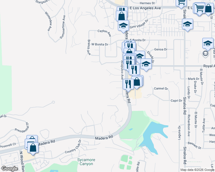 map of restaurants, bars, coffee shops, grocery stores, and more near 90 La Paz Court in Simi Valley