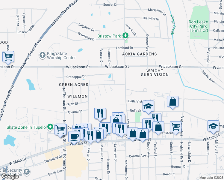 map of restaurants, bars, coffee shops, grocery stores, and more near 106 Mulberry Drive in Tupelo