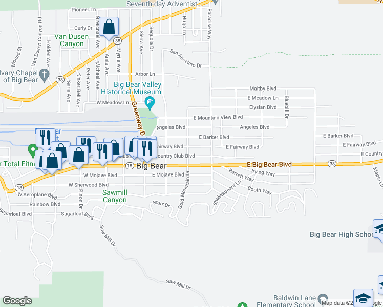 map of restaurants, bars, coffee shops, grocery stores, and more near 305 E Country Club Blvd in Big Bear City