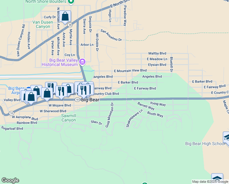 map of restaurants, bars, coffee shops, grocery stores, and more near 305 East Country Club Boulevard in Big Bear