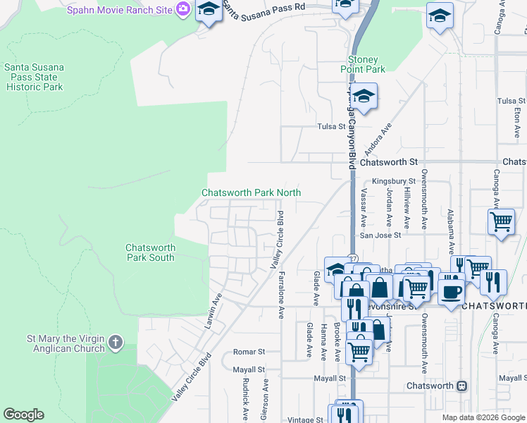 map of restaurants, bars, coffee shops, grocery stores, and more near 22212 Germain Street in Los Angeles