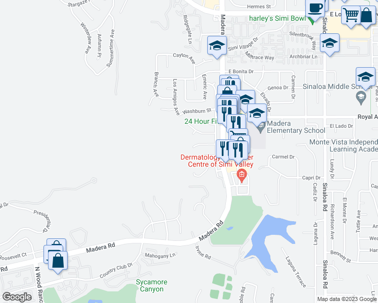 map of restaurants, bars, coffee shops, grocery stores, and more near 90 La Paz Court in Simi Valley
