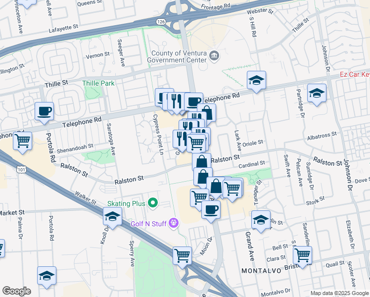 map of restaurants, bars, coffee shops, grocery stores, and more near 1466 San Simeon Court in Ventura