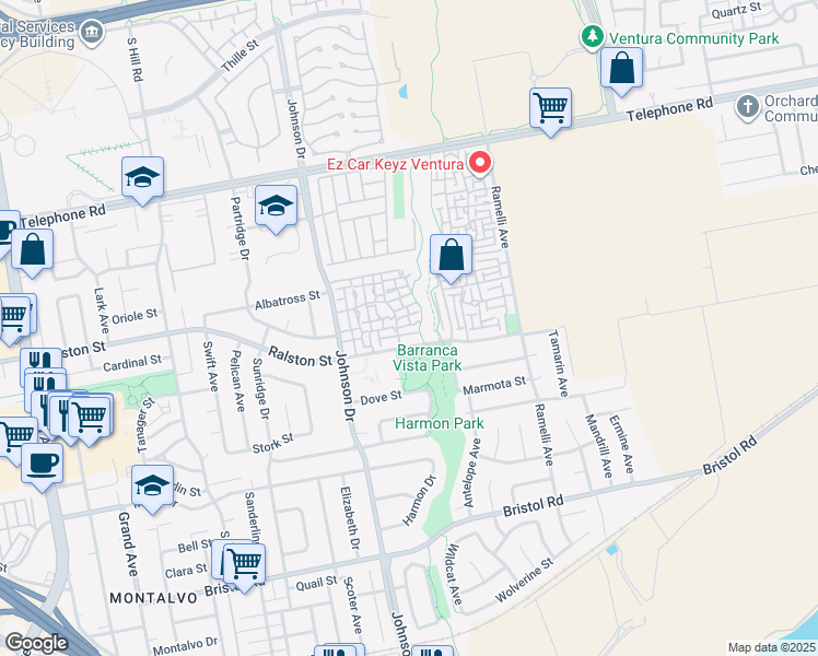 map of restaurants, bars, coffee shops, grocery stores, and more near 7125 Owl Court in Ventura