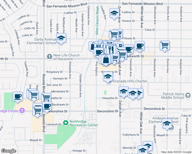 map of restaurants, bars, coffee shops, grocery stores, and more near 10500 Lindley Avenue in Los Angeles