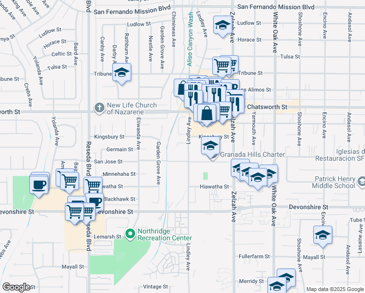 map of restaurants, bars, coffee shops, grocery stores, and more near 10511 Lindley Avenue in Los Angeles