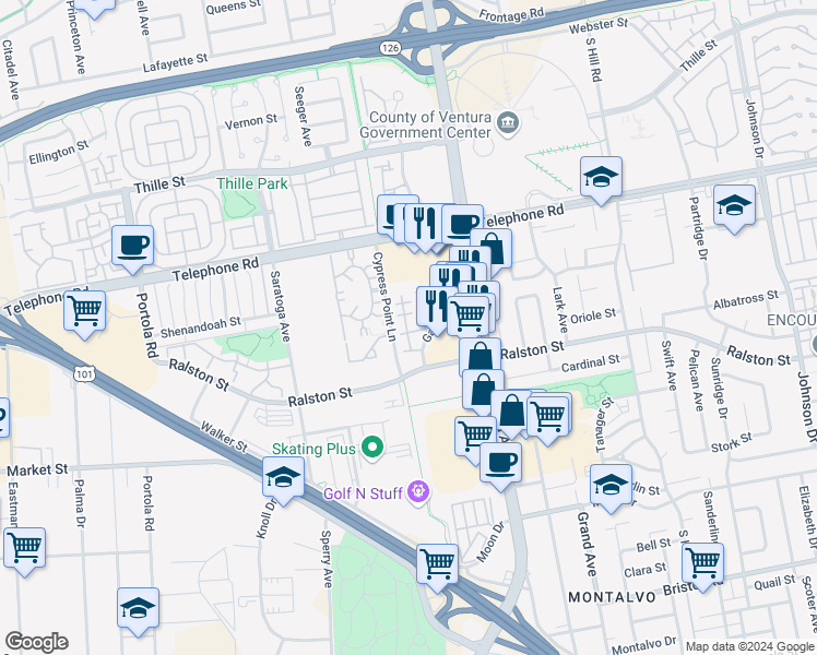 map of restaurants, bars, coffee shops, grocery stores, and more near 1466 San Simeon Court in Ventura