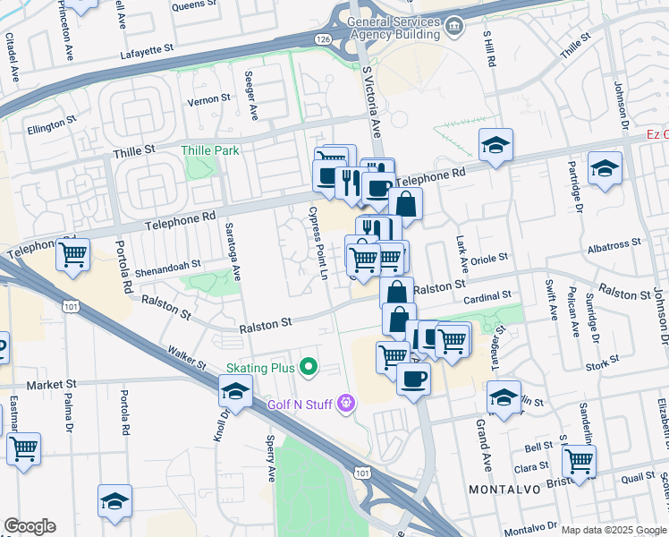 map of restaurants, bars, coffee shops, grocery stores, and more near 1381 Cypress Point Lane in Ventura