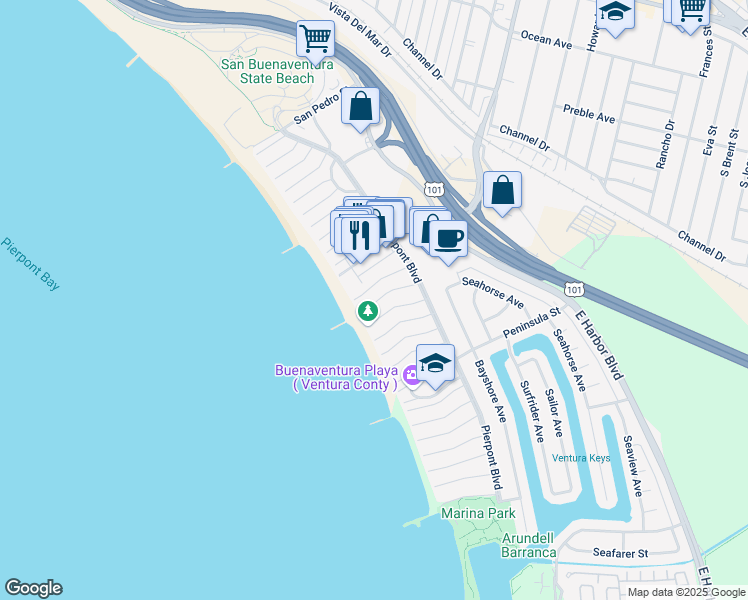 map of restaurants, bars, coffee shops, grocery stores, and more near 1173 Shelburn Lane in Ventura