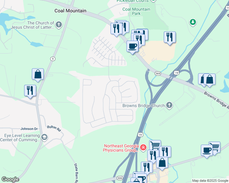 map of restaurants, bars, coffee shops, grocery stores, and more near 5130 Rialto Way in Cumming