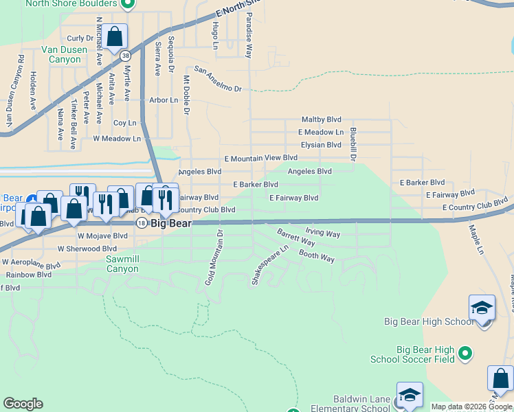 map of restaurants, bars, coffee shops, grocery stores, and more near 401 East Country Club Boulevard in Big Bear