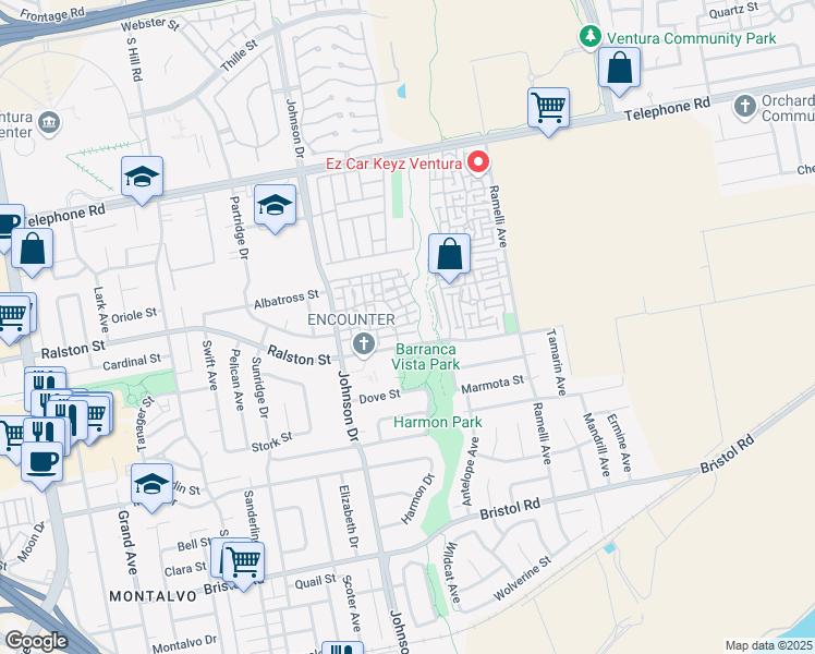 map of restaurants, bars, coffee shops, grocery stores, and more near 7125 Owl Court in Ventura