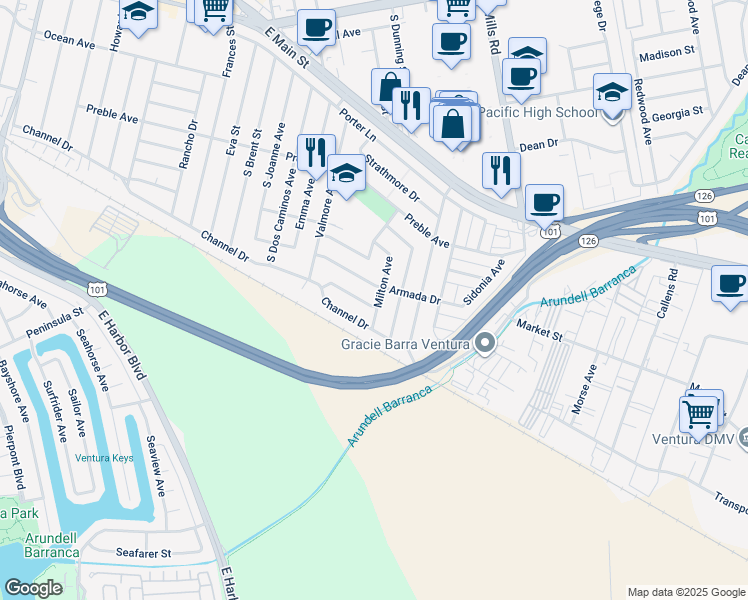 map of restaurants, bars, coffee shops, grocery stores, and more near 3193 Trinity Drive in Ventura