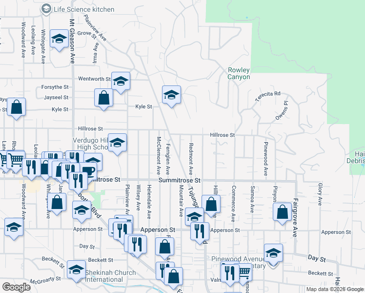 map of restaurants, bars, coffee shops, grocery stores, and more near 10626 Mountair Avenue in Los Angeles