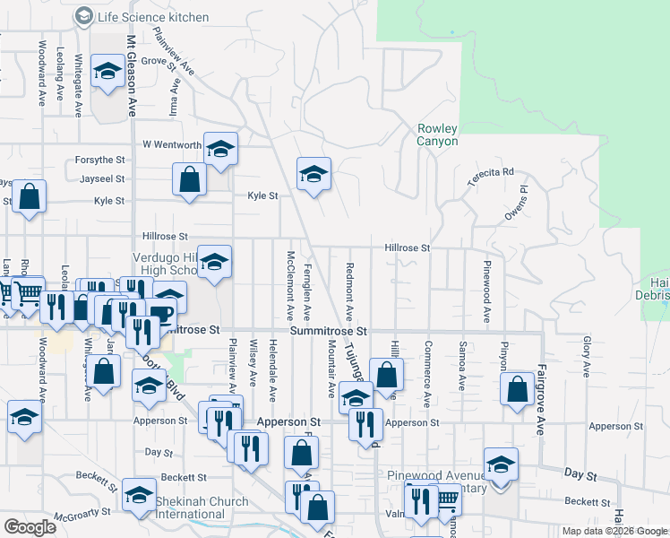 map of restaurants, bars, coffee shops, grocery stores, and more near 10626 Mountair Avenue in Los Angeles