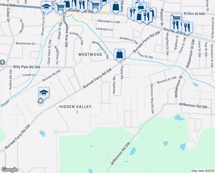 map of restaurants, bars, coffee shops, grocery stores, and more near 8 East Creekview Drive Southwest in Rome
