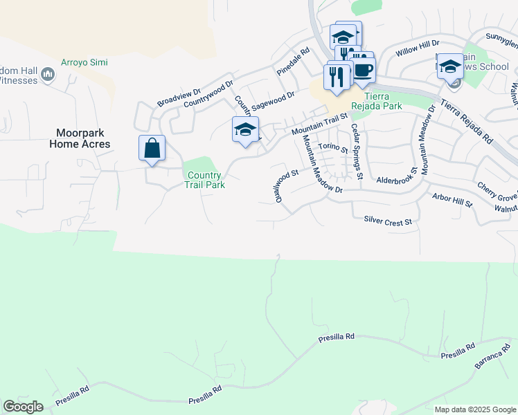 map of restaurants, bars, coffee shops, grocery stores, and more near 11534 Flowerwood Court in Moorpark