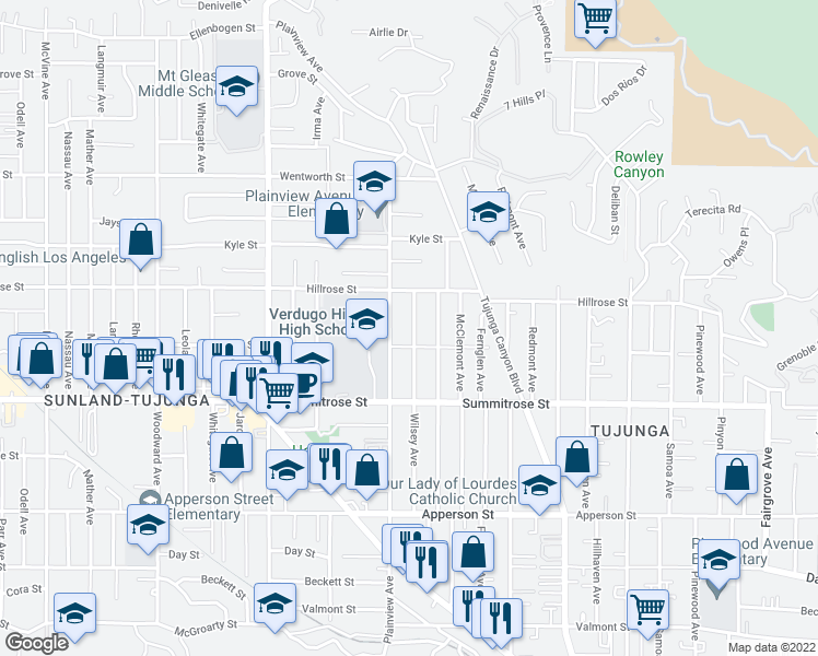 map of restaurants, bars, coffee shops, grocery stores, and more near 10623 Wilsey Avenue in Los Angeles