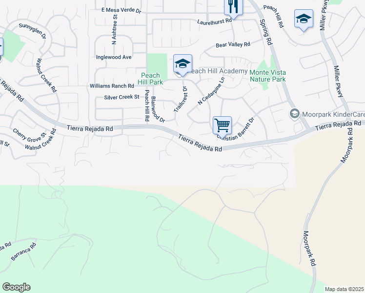 map of restaurants, bars, coffee shops, grocery stores, and more near 13430 Canyonwood Court in Moorpark