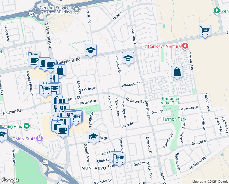 map of restaurants, bars, coffee shops, grocery stores, and more near 6433 Ralston Street in Ventura