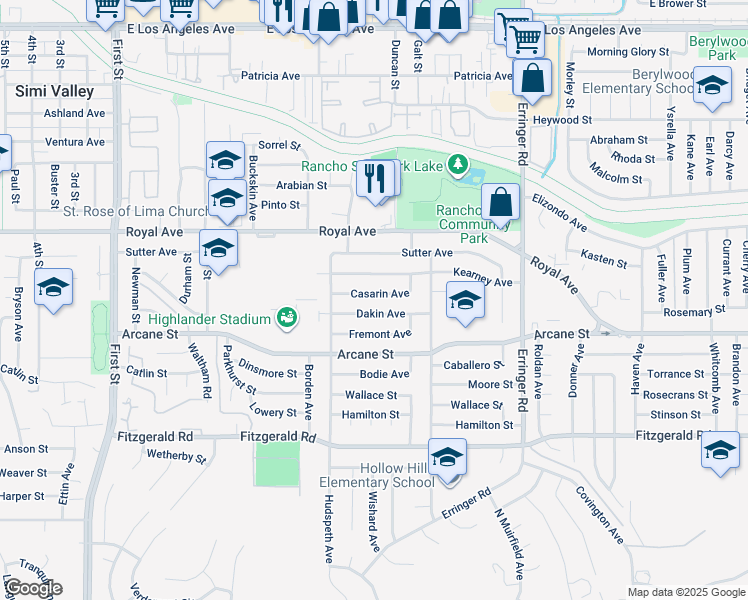 map of restaurants, bars, coffee shops, grocery stores, and more near 1596 Casarin Avenue in Simi Valley