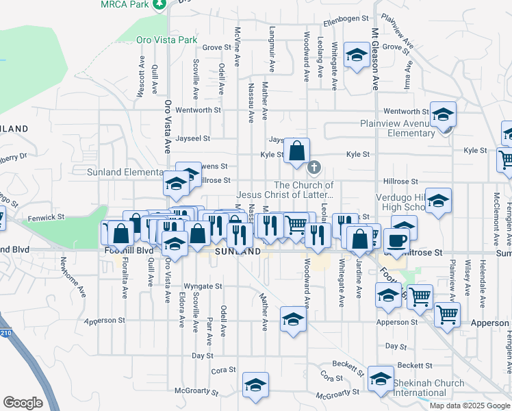 map of restaurants, bars, coffee shops, grocery stores, and more near 10616 Nassau Avenue in Los Angeles
