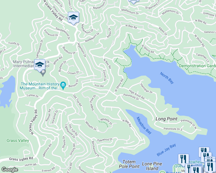 map of restaurants, bars, coffee shops, grocery stores, and more near 27488 North Bay Road in Lake Arrowhead