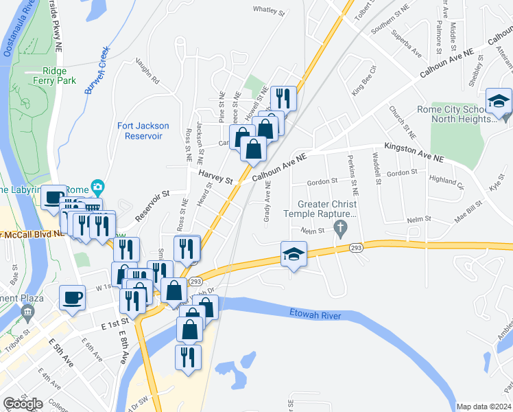 map of restaurants, bars, coffee shops, grocery stores, and more near 304 Pearl Street Northeast in Rome