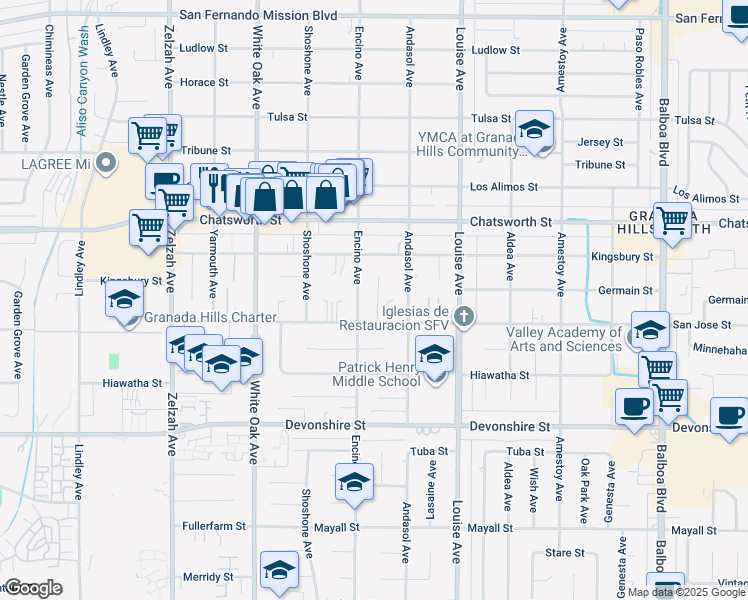map of restaurants, bars, coffee shops, grocery stores, and more near 10527 Bianca Avenue in Los Angeles